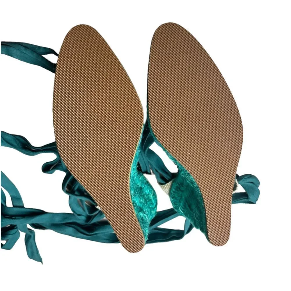 NWOT Emanuel Ungaro FAB Wedge Espadrilles in Teal Silk w/Sexy Lace-Up Design 8